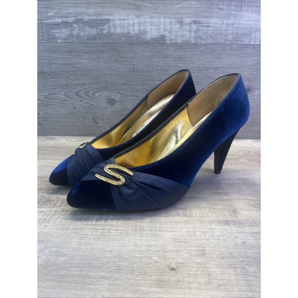 Private Collection Blue Suede Velvet Rhinestone Pumps Heels Size 8.5 80s Vintage